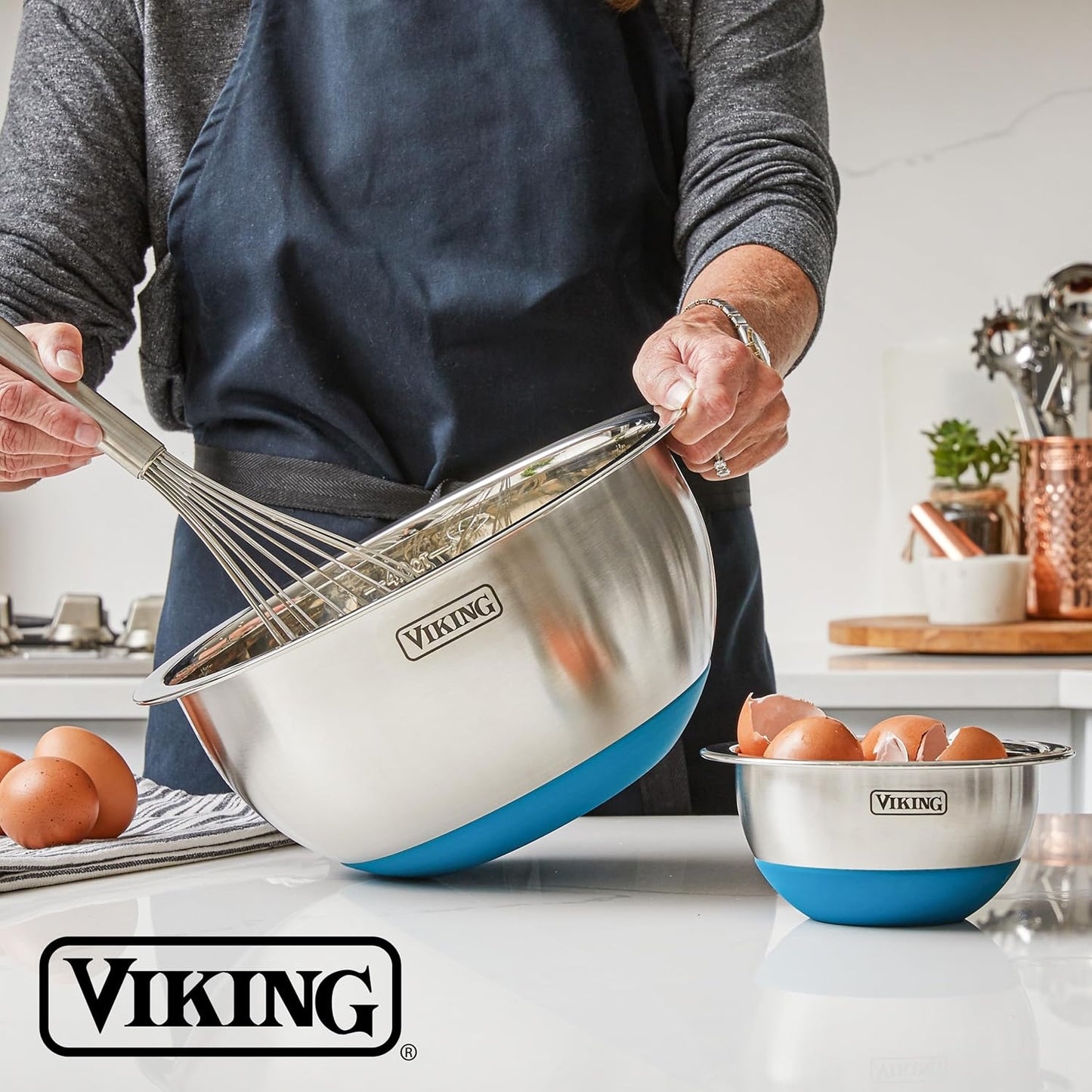 Viking Mixing Bowls Set, 10 Piece Stainless Steel Kitchen Cookware, Non-Slip Silicone Base, Includes Tight Fit Lids, Dishwasher Safe, Black
