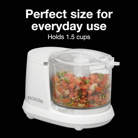 Durable Electric Vegetable Chopper & Mini Food Processor | 1.5 Cup Bowl | Pulse Speed Control For Chopping, Puree & Emulsify | Stainless Steel Blades | Dishwasher Safe | White | 72500J