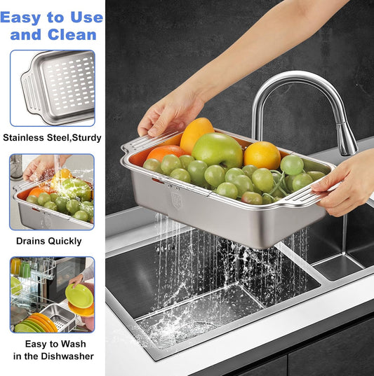 Extendable Over the Sink Colander 13.5-17 in, 304 Stainless Steel Basket for Kitchen– Rust-resistant, Dishwasher Safe for Apartment/RV/Camper, Space-Saving Veggie & Pasta Drainer