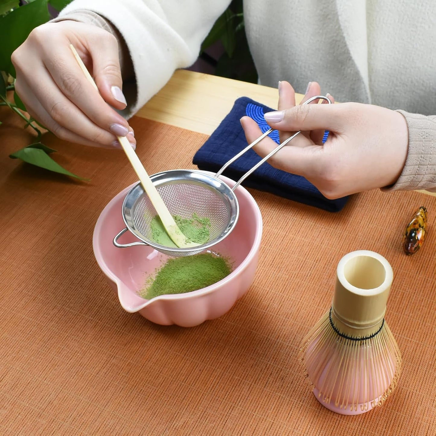Artcome 4 Pcs Japanese Matcha Tea Set - Matcha Bowl with Pouring Spout, Matcha Whisk, Tea Scoop, Whisk Holder, Handmade Matcha Ceremony Kit For Japanese Tea Ceremony, Rose