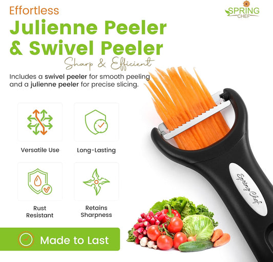 Spring Chef Swivel Vegetable Peeler & Y Potato Peeler for Kitchen with Soft Grip Handles and Ultra Sharp Stainless Steel Blades, Perfect for Veggie, Fruit, Carrot, Apple - Dishwasher Safe - Black