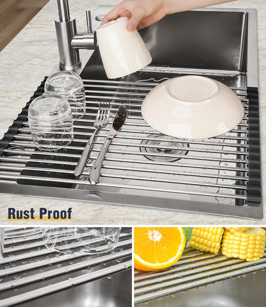 Tomorotec 17.7" x 15.5" Roll Up Dish Drying Rack Over Sink Drying Rack Sink Cover Kitchen Sink Accessories Gadget Multipurpose Organizer Foldable Stainless Steel Drainer