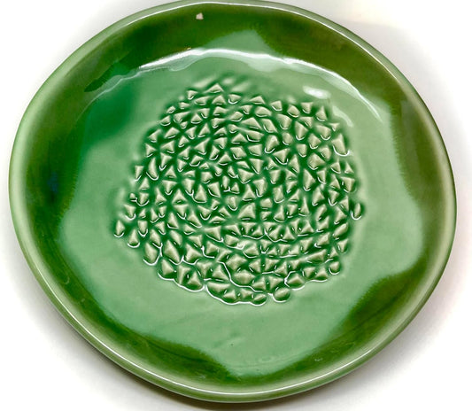 BonCera, All-in-one Premium Ceramic Garlic Grater Plate 4-Piece Set - Green Mountain Glazed Design - For Garlic, Ginger, Chocolate, and more! - Comes with 5.25" Plate, Peeler, Brush, and Stand