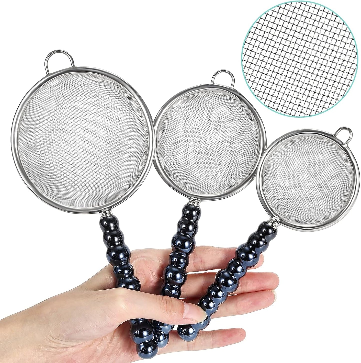 3 Sizes(2.76"+3.15"+3.94") Single Fine Mesh with Non-Slip Ceramic Handle,Perfect for Sift, Strain, Drain Rinse Vegetables