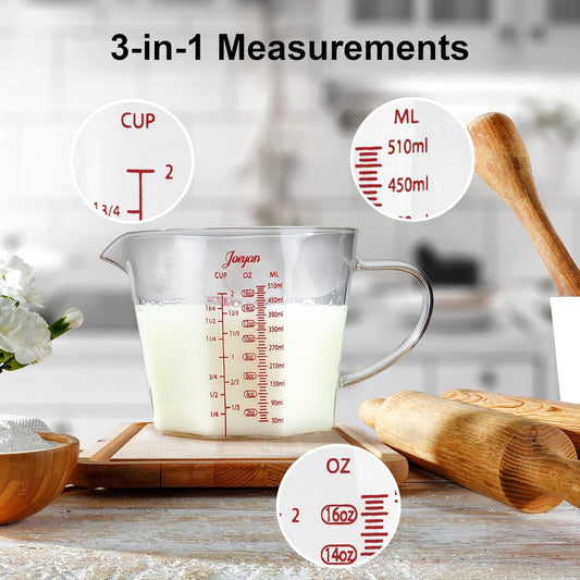 Joeyan 17 oz Glass Measuring Cup with Spout and Handle,2 Cup Large liquid Measuring Pitcher Jug,Stackable Borosilicate Kitchen Mixing Bowl,Glass Bakeware Batter Bowls