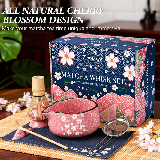 Matcha Whisk Set, 7 PCS Ceramic Matcha Sets with Bowl, Bamboo Whisk and Holder, Towel, Sifter, Bamboo Scoop, Scoop Rest, Christmas Gifts for Tea Lovers, Birthdays New Year Gifts for Women Mom