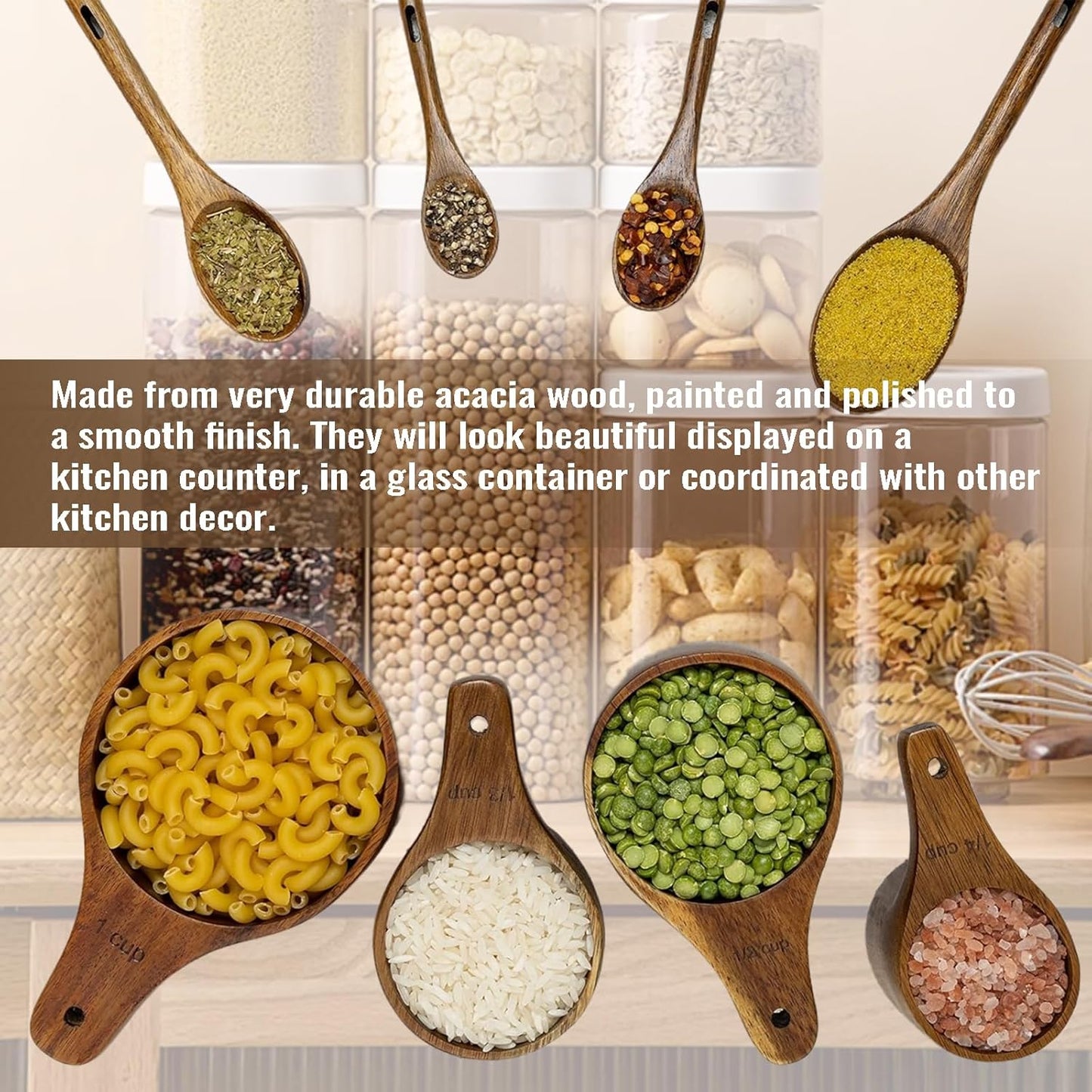 Wooden Measuring Cups and Spoons Set - Eco-Friendly Solid Acacia Wood, Laser Engraved Measurements, Perfect for Baking & Cooking - Ideal for Bakers, Chefs & Home Cooks(brown)