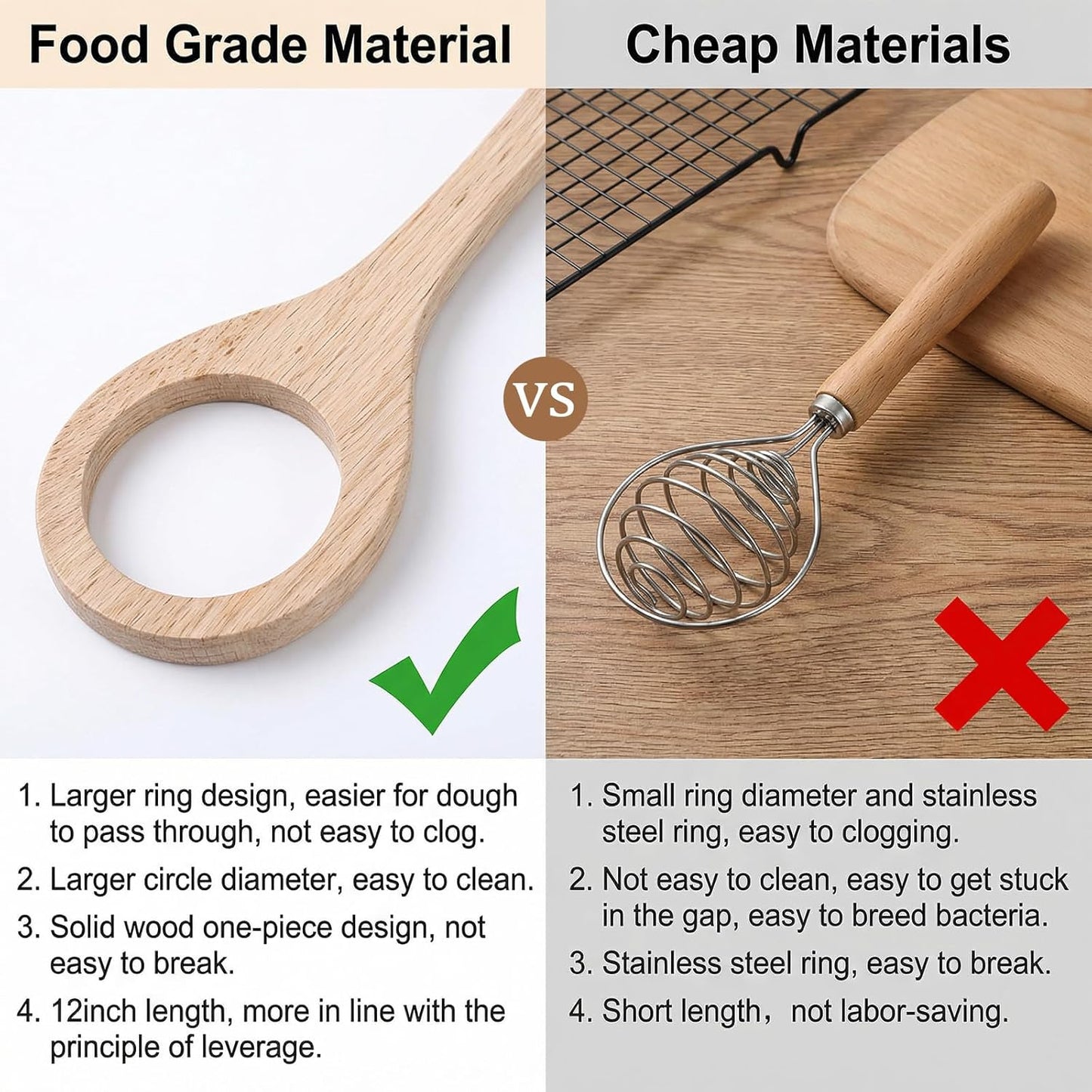 Wooden Dough Whisk, 12 Inch/30cm Reusable Wooden Sourdough Whisks for Cooking, Washable Sourdough Mixing Tool, Practical Bread Baking Supplies for Home Restaurant Picnics Camping