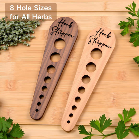 Herb Stripper Tool – Natural Wood Leaf Remover with 8 Hole Sizes, Laser Engraved Kitchen Gadget for Parsley, Thyme, Rosemary – Gift for Home Cooks & Gardeners