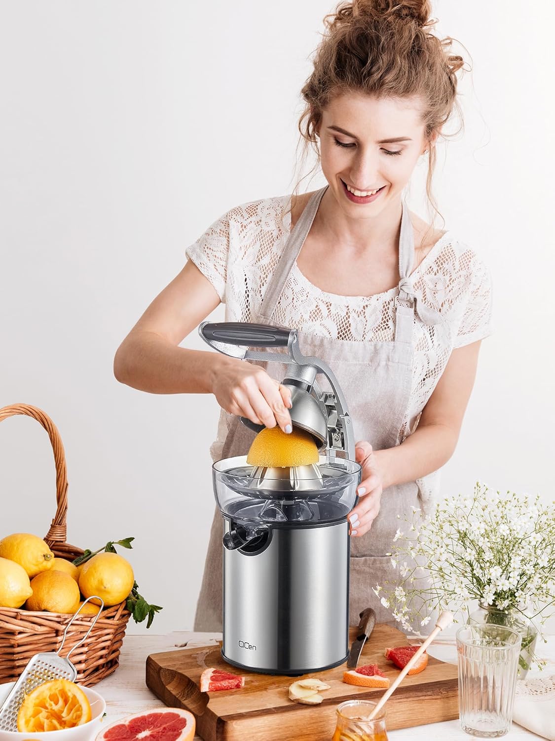 Professional Brushed Stainless Steel Electric Citrus Juicer, 2 Interchangeable Cones for Orange, Lemon & Grapefruit, Easy Clean, Durable Design & Effortless Operation