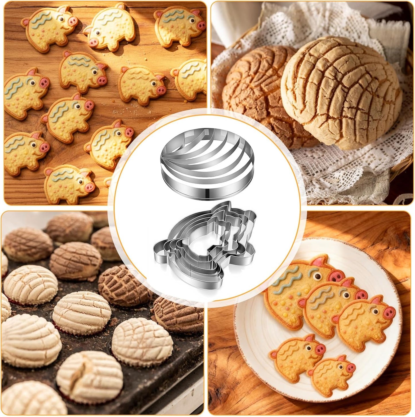 Concha Cutter Set, Stainless Steel Mexican Bread Mold Set, Concha Cutter 5 Pcs Pig Cookie Cutters and Dough Scraper, Kitchen Baking Tools for Bread Cookie Cake Biscuit