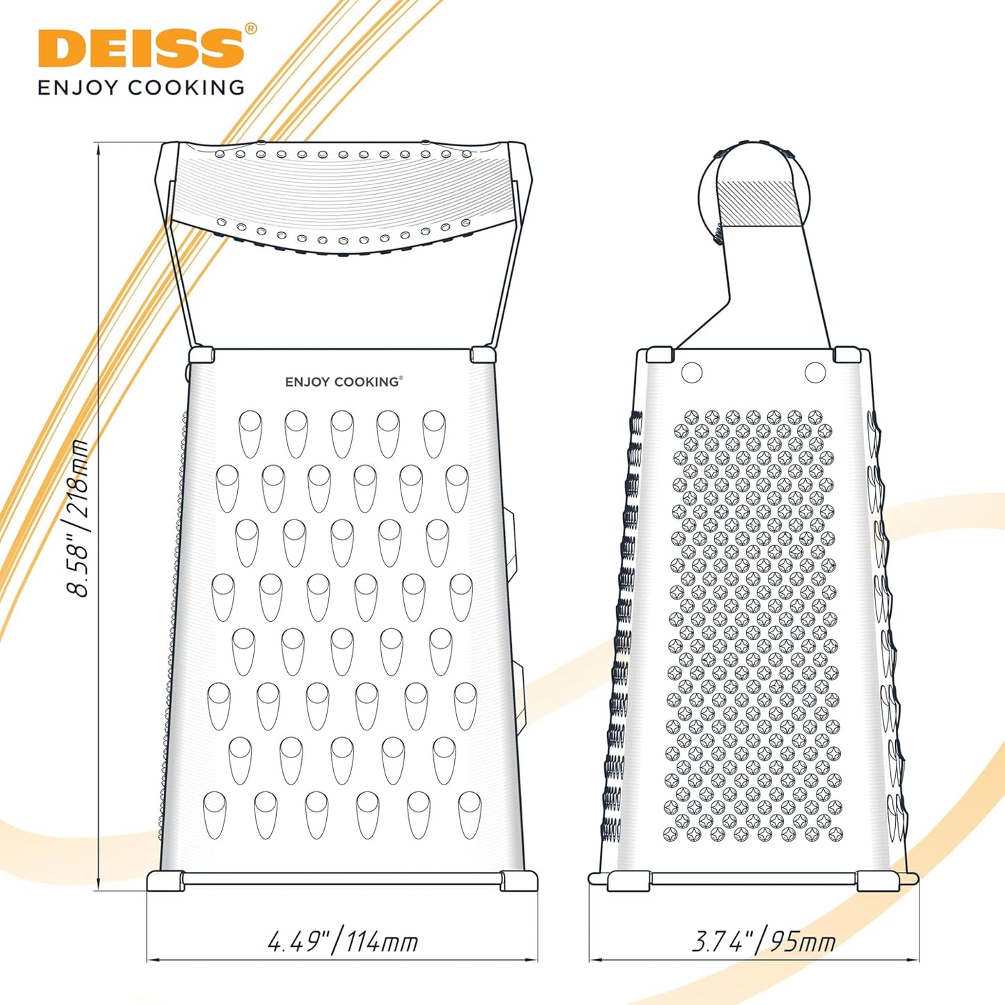 Deiss PRO Box Grater & Cheese Graters for Kitchen - Stainless Steel Cheese Grater and Food Shredder, 4 Sided Hand Grater for Block Cheese, Vegetables Non-Slip Base, Dishwasher Safe