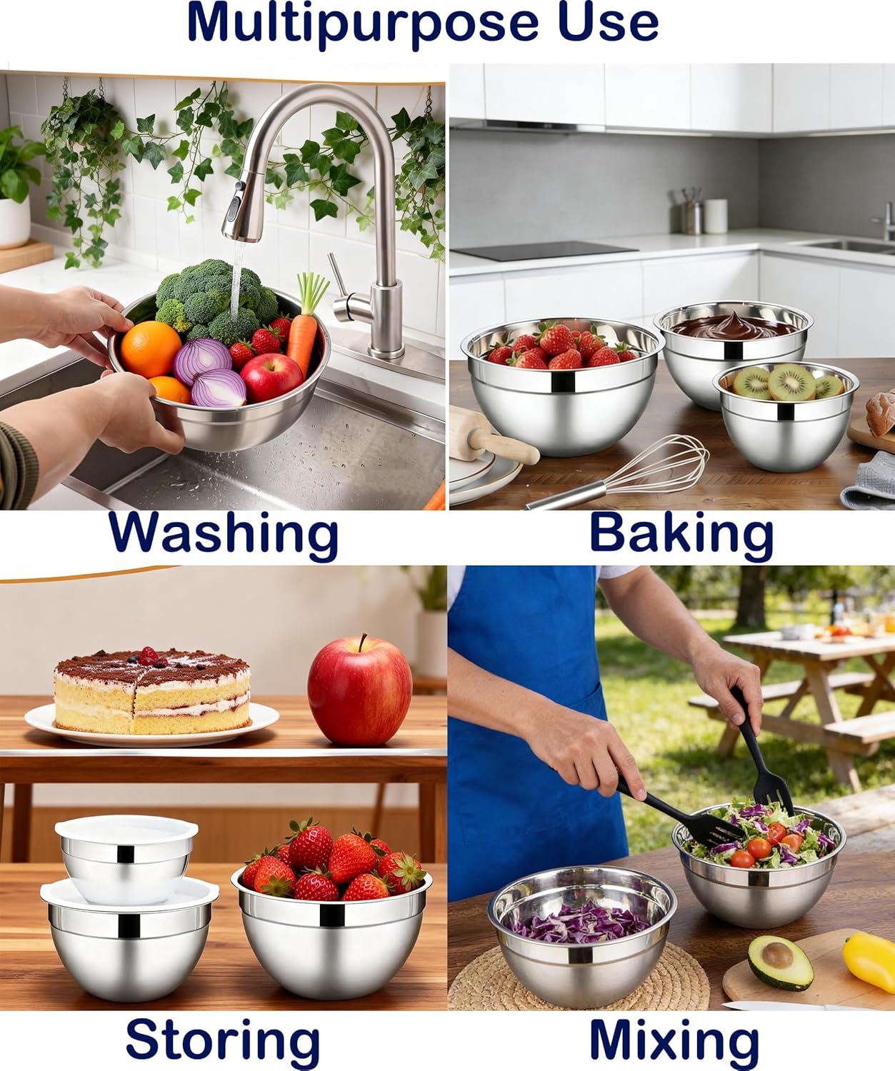 Stainless Steel Mixing Bowls With Lid, Metal Nesting Mixing Bowl Set Of 3, Prep Bowls For Food Prep, Cooking, Baking, Serving, Storage, Dishwasher Safe, Metal Bowls with Lids for 1.5/3/5 Qt, Silver