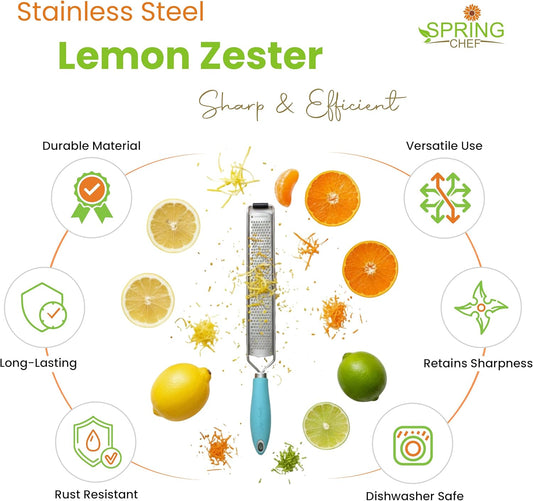 Spring Chef Stainless Steel Lemon Zester Grater with Handle - Garlic, Cheese, Parmesan, Nutmeg, Lime, Ginger Grater - Heavy Duty Kitchen Tool - Citrus Zester with Blade Cover - Fine Shred - Gray