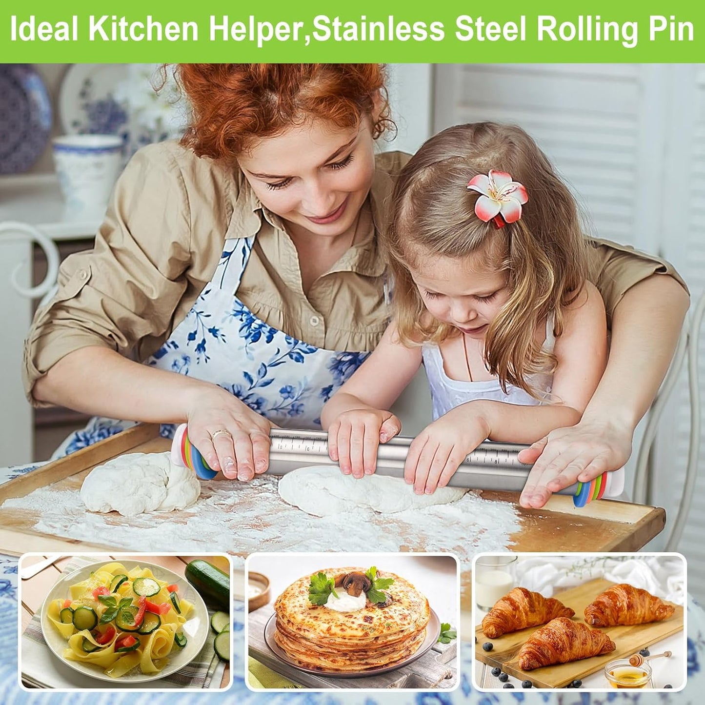 Wood Rolling Pin with Thickness Rings, Adjustable Wooden Rolling Pins for Baking, Dough Roller Pins for Cookie Pastry Tools Cake Baker, Fondant Roller for Decorating Bakery Supplies Kitchen Gadgets