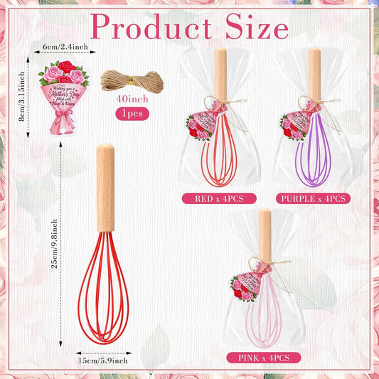 Ceenna 24 Set Mother's Day Party Gifts Set Silicone Whisks with Wooden Handle 9.84 Inch Whisk Baking Supplies Gift with Bouquet Shaped Cards Plastic Bags Ropes for Mom Cooking Mother's Day Party Gift