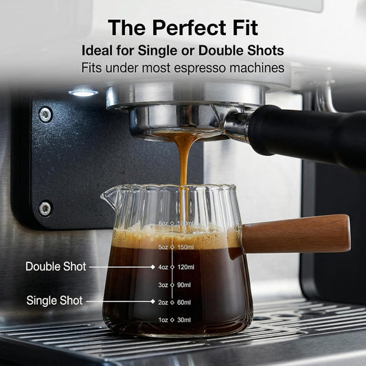 6 oz Espresso Cups With Wood Handle, Espresso Accessories, Ribbed Milk Frothing Pitcher, Glass Measuring Cup, Shot Glass with V-Shaped Mouth, Coffee Bar Epresso Shots Cup