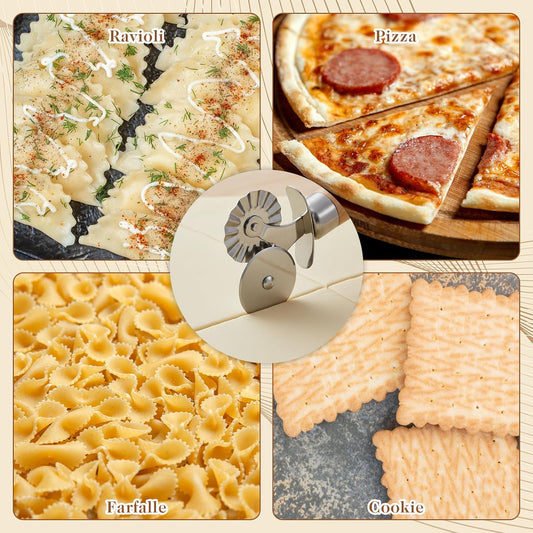 Double Wheel Pastry Cutter with Premium Wooden Handle, Stainless Steel Dual-Head Ravioli & Pasta Cutter for Pizza, Cookies, and Pasta, Multipurpose Baking Tool for Kitchen