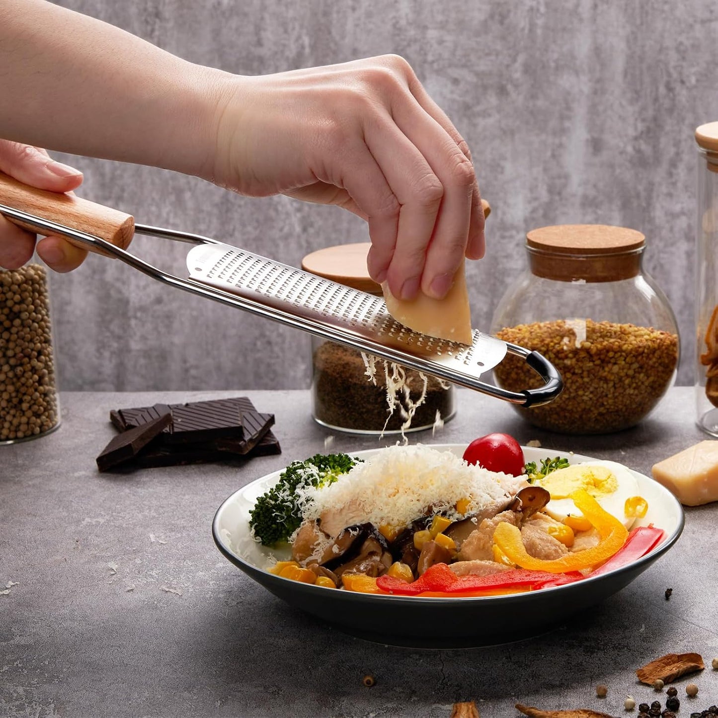 Stainless Steel Cheese Grater with Natural Wood Handle for Parmesan Cheese Lemon, Ginger, Cheese, Nutmeg, Potato, Chocolate and Garlic Small