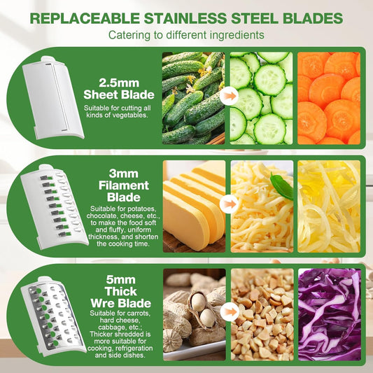 Electric Cheese Grater for Block Cheese - 3 in 1 Rotary Cheese Grater Electric Rotary Grater Salad Shooter Electric Slicer for Cheeses, Fruits, Vegetables and Nuts (Green,L)