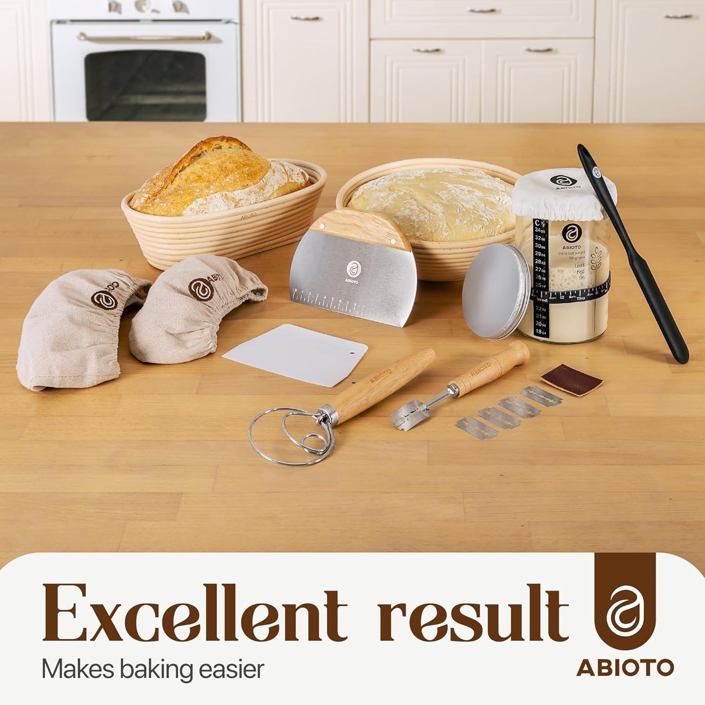 Complete Sourdough Supplies with 9" Round Banneton Proofing Basket and 24oz Starter Jar - Beginner-Friendly Sourdough Bread Kit and Baking Gifts for Women, Men, and Bread Bakers