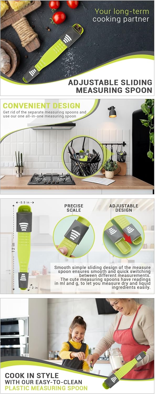 Adjustable Measuring Spoon, 9-in-1 Kitchen Tool – Space Saver Tool – Precise Measurements – For Wet and Dry Ingredients – ml and gr metric – For Baking, Cooking, Coffee, Seasoning