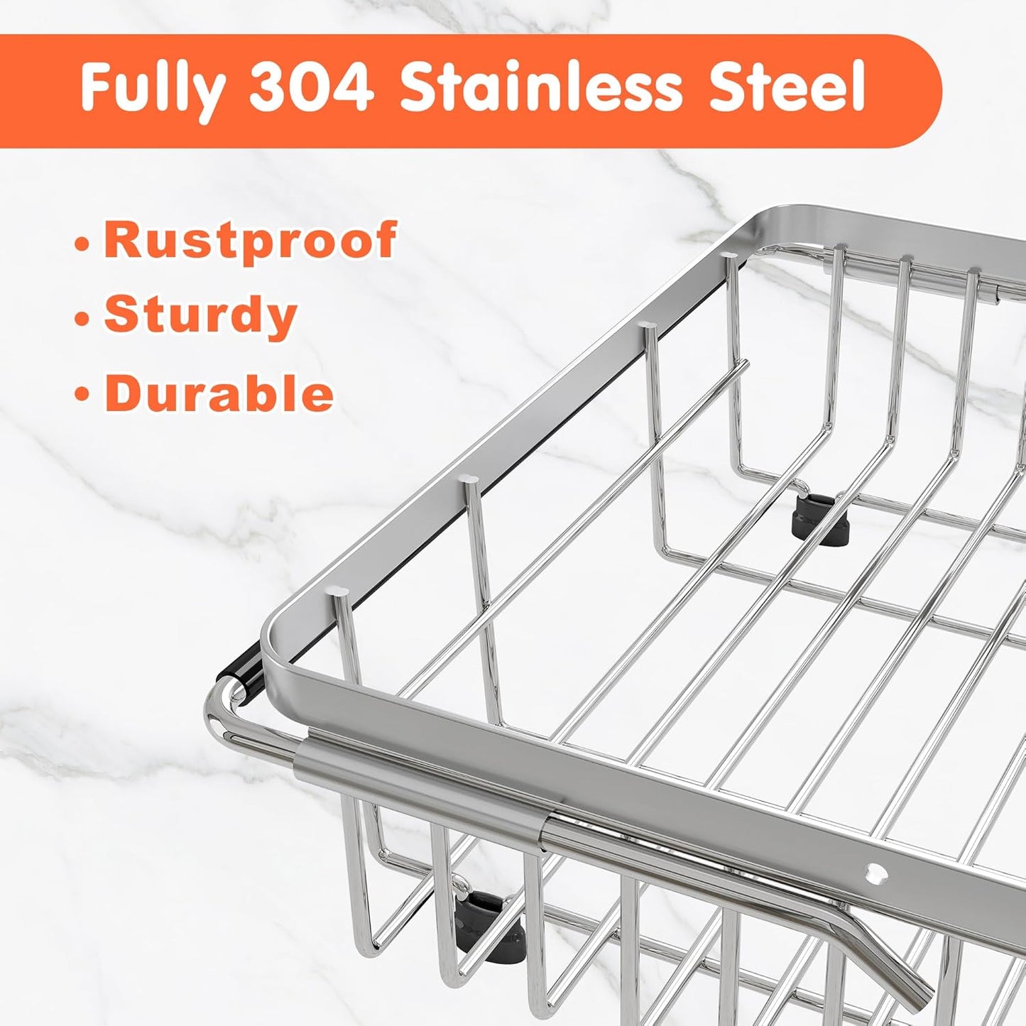 Over the Sink Expandable Dish Drainer Drying Rack In Stainless Steel for Small Kitchen, Counter Space Saving Modern Compact Metal Above Plate Dryer Strainer, Adjustable Hanging Inside Drain Holder