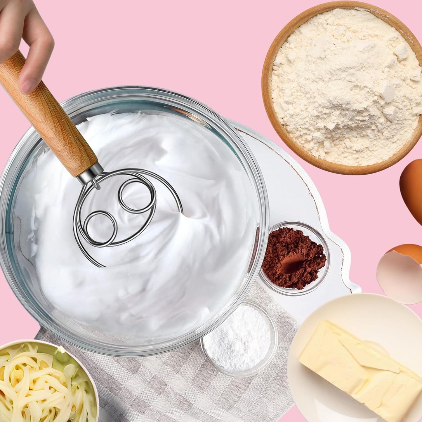 BOORIKA Danish Dough Whisk – Sourdough Mixing Tool with Dough Scraper. Danish Whisk for Baking, Mixing Thick Dough, Bread Making, Pastry, Cookies, Pizza, Batter & More