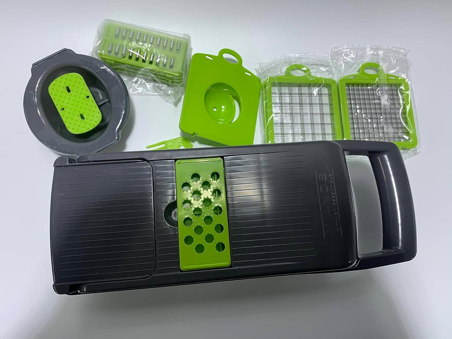 All-In-One, 12 Blade Mandoline Slicer, Vegetable Spiralizer, Cutter, Dicer, Food Chopper, Grater, Kitchen Gadgets Sets with ContainerPro Onion Chopper Veggie Chopper With Container(Grey green) slicer