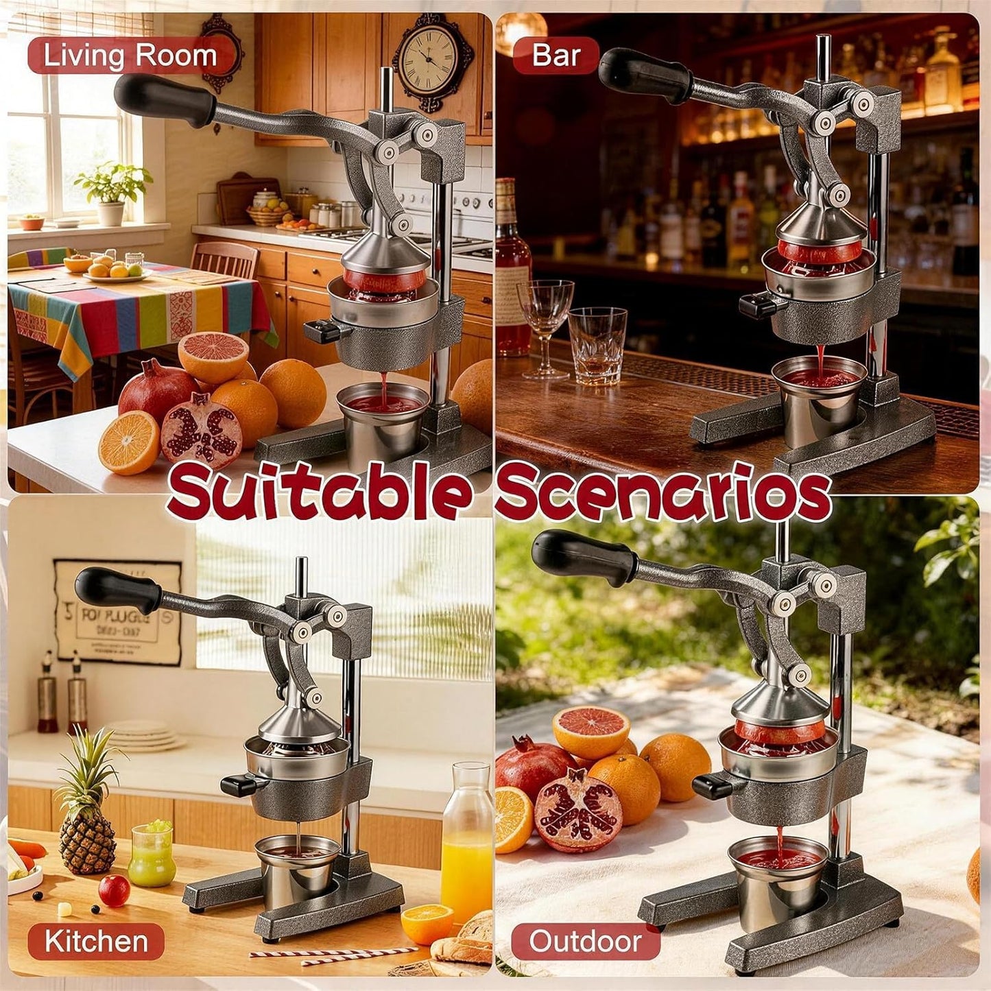 Cast Iron Citrus Juicer Hand Press, Heavy Duty Manual Orange Juicer Squeezer with 304 Stainless Steel Cup & Strainer, Lemon Grapefruit Pomegranate Press, Grey