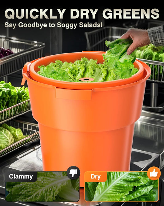 Commercial Salad Spinner - 6 Gallon Salad Dryer w/Silicone Draining Hose, Orange, 24Qt Manual Salad Spinner for up to 7 Heads of Lettuce Spinner Large for Catering