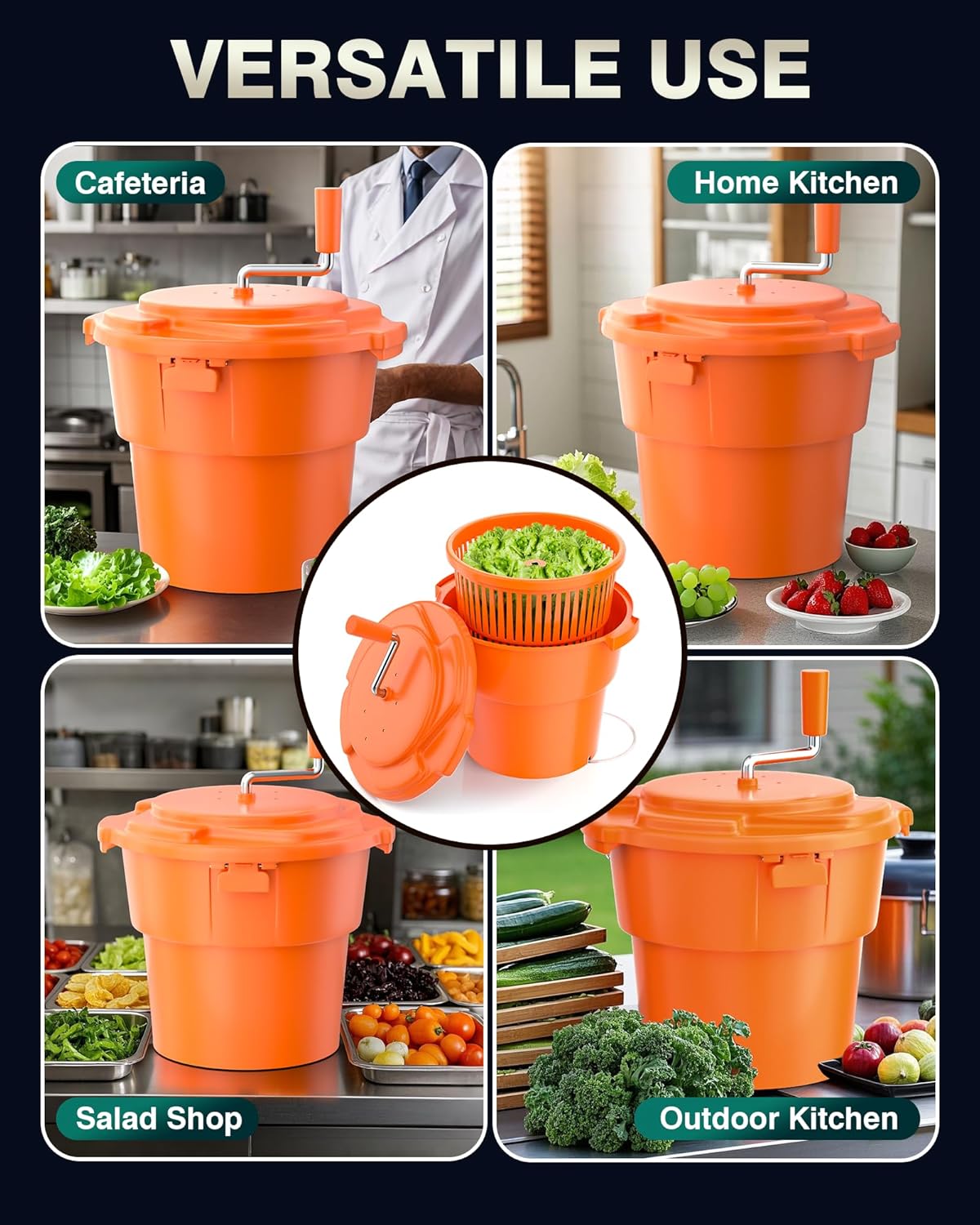 Commercial Salad Spinner - 6 Gallon Salad Dryer w/Silicone Draining Hose, Orange, 24Qt Manual Salad Spinner for up to 7 Heads of Lettuce Spinner Large for Catering