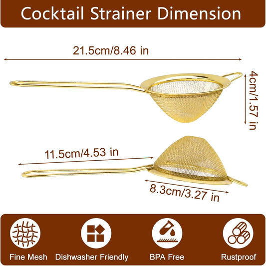 Small Fine Mesh Strainer, Stainless Steel, Gold | Cocktail Sieve, Mini Strainer for Cocktails, Tea, Herbs, Drinks and Coffee, Small Sifter with Handle