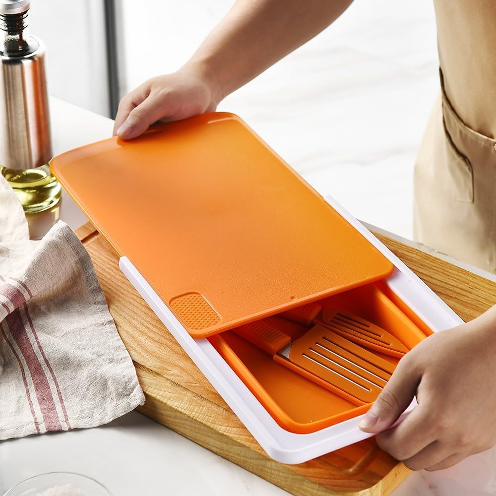 Collapsible Drainer Basket , with Colander, Cutting Board and Knives, Multifunctional Kitchen Vegetable Washing Basket, Camping sink, Gifts for Camper Kitchen Organization, Picnic Essentials(Khaki)