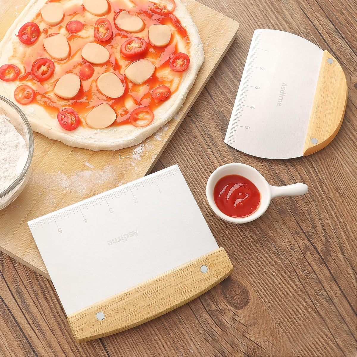 Dough Cutter, Dough Scraper with Wooden Handle and Food Grade Stainless Steel Blade, Pastry Scraper, 15CM, 2Pcs