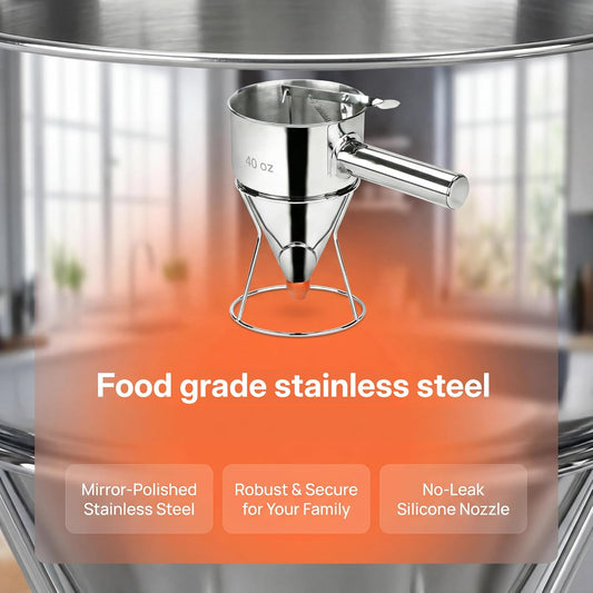 40oz 304 Stainless Steel Pancake Batter Dispenser With Dustproof Lid, 4 Interchangeable Nozzles, Detachable Handle, Perfect For Making Waffles, Cupcakes, Donuts, And Other Treats。