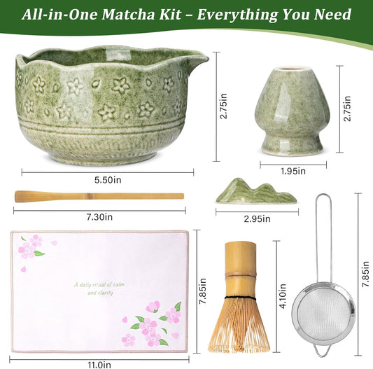 Matcha Whisk Set, 7Pcs Ceramic Matcha Kit with Cherry Blossom Design | 18oz Spout Bowl, Bamboo Whisk & Holder, Scoop, Rest, Sifter, Towel, Elegant Japanese Tea Gift Set for Macha Lover, Green