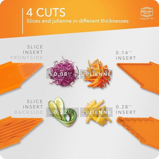 Mandoline Slicer V3 (Starter Set) • V-Slicer for 5 Cutting Styles with Fruit Holder • Adjustable Vegetable Slicer for Vegetables & Fruits • Stainless Steel V-Blade • Color: Orange