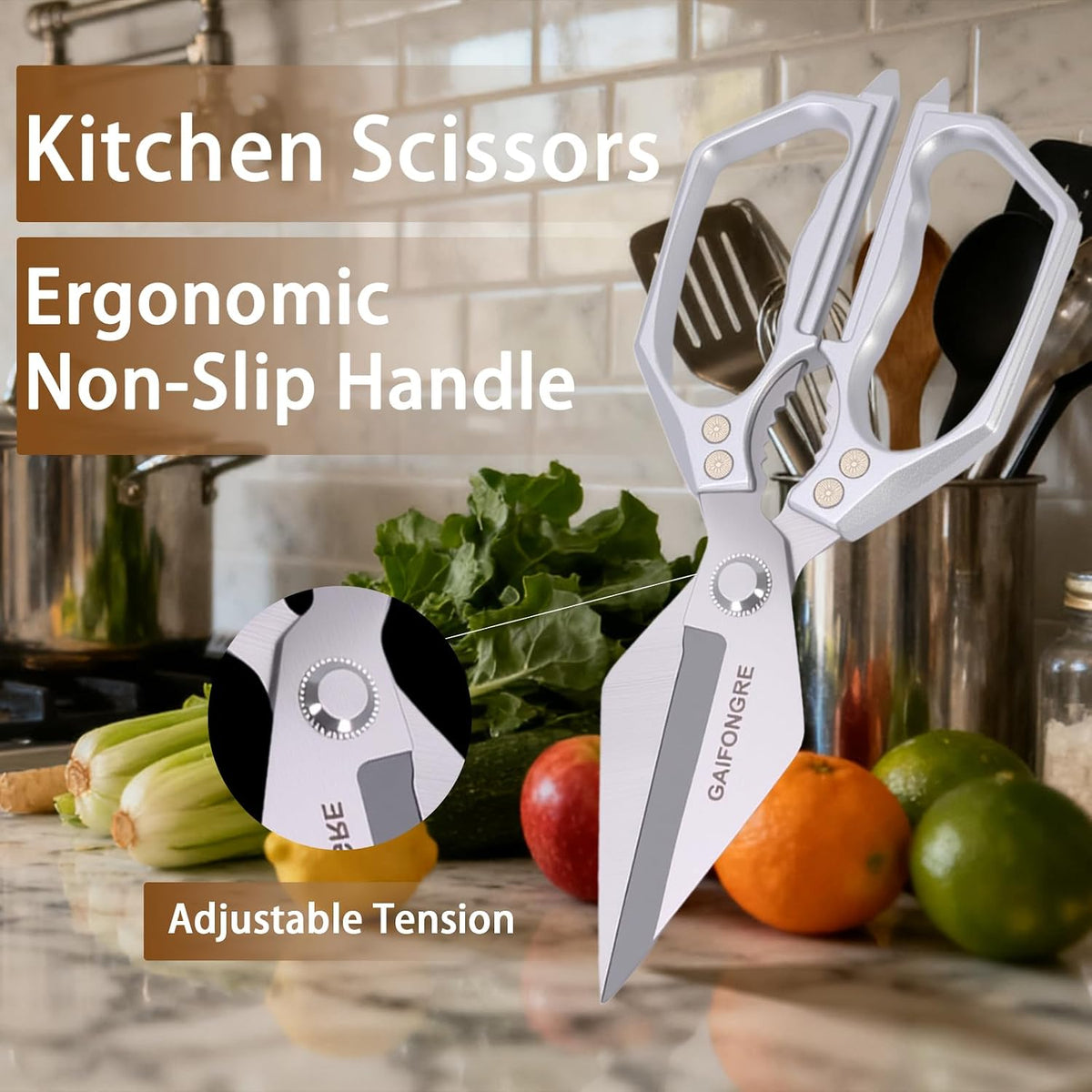 Heavy Duty Kitchen Scissors, Sharp Multifunctional Shears for Food with Full Metal Construction, Dishwasher Safe, Ergonomic Handle for Cutting Poultry, Meat, Fish, Herbs