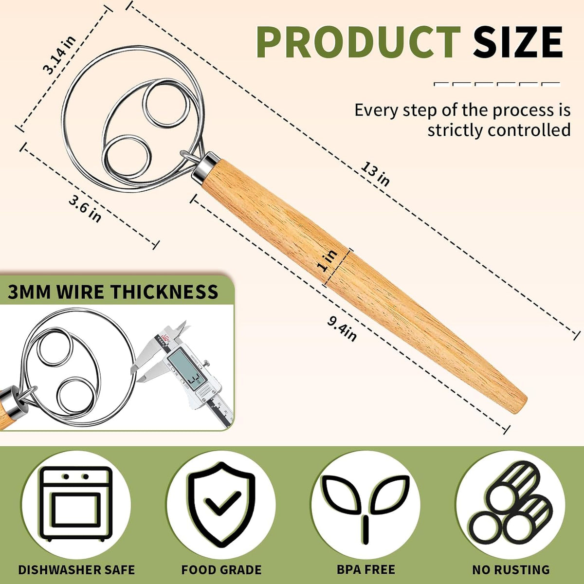 Danish Dough Whisk Stainless Steel Dough Hook Dutch Whisk for Sourdough Bread Dough Mixer Hand Wooden Handle Kitchen Whisking Mixing Tool Bread Making Tools and Supplies (2 eyes)