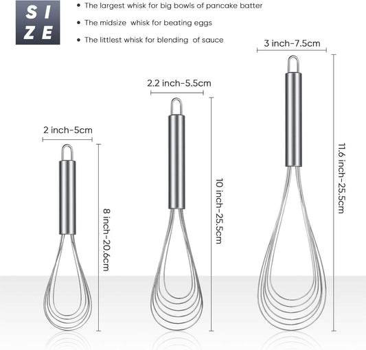 3 Pieces Kitchen Flat Whisk Set Stainless Steel Flat Wire Egg Whisk Cooking Kitchen Utensil for Cooking Blending Whisking Beating Mixing Stirring Sauces Batter(8'', 10'', 11.6'')