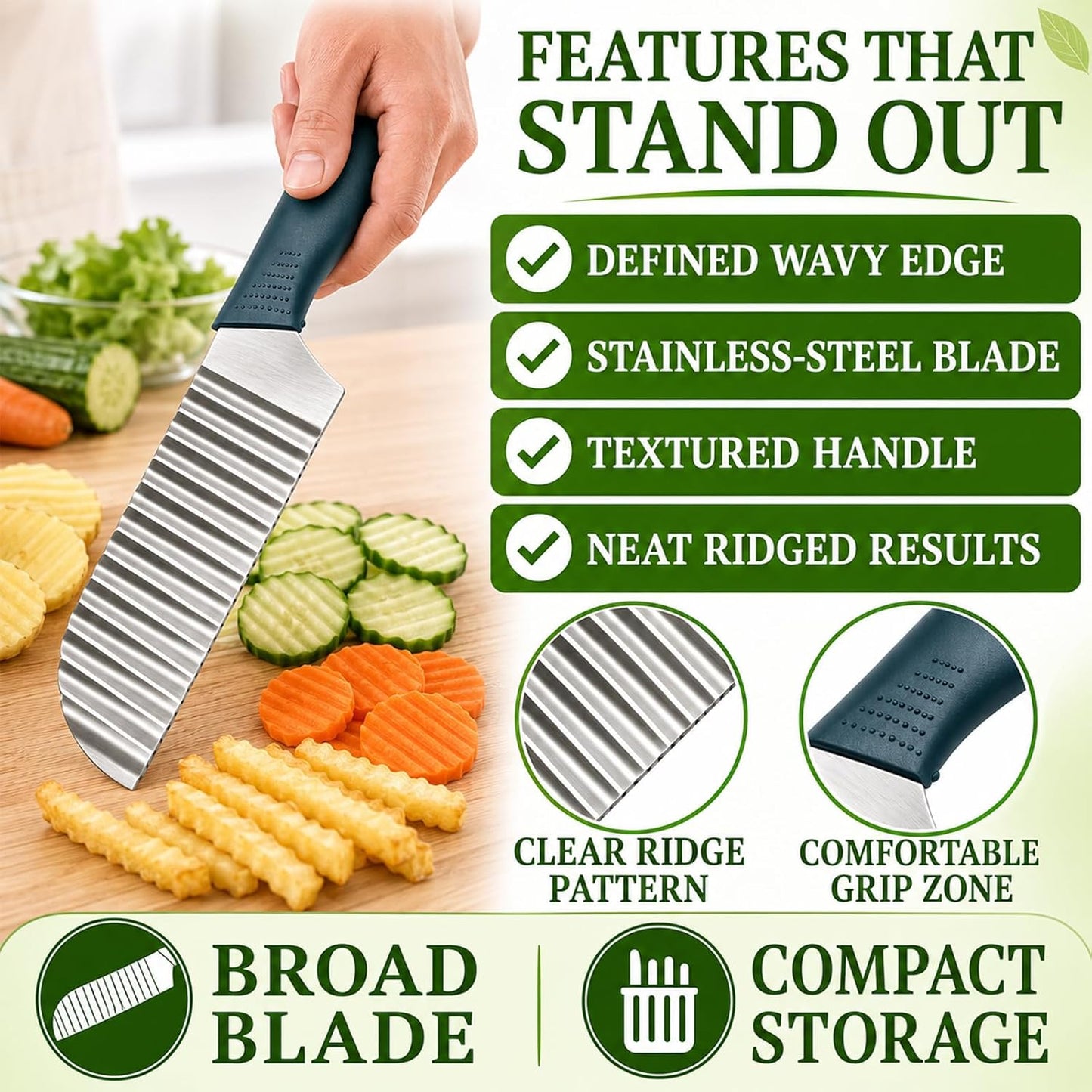 Suuker Crinkle Cut Knife, Stainless Steel Wave Cutter | Ergonomic Handle, For Veggies, Potato, French Fry, For Cucumber, Carrot, Fruit, Wave Chopper