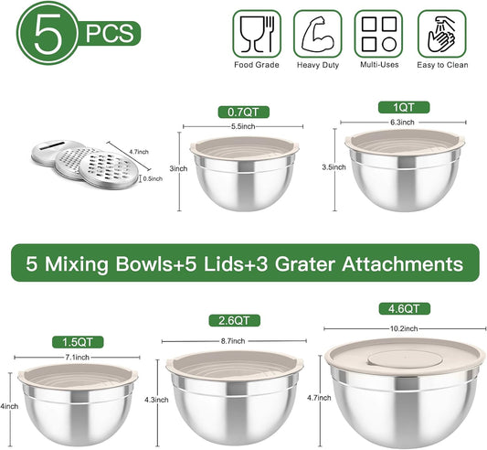 Mixing Bowls with Lids, 5PCS Stainless Steel Metal Salad Bowl | with lids & 3 Grater Attachments, for Cooking/Prepping/Serving, Airtight Lids & Easy Clean - 0.7/1/1.5/2.6/4.6QT, Khaki