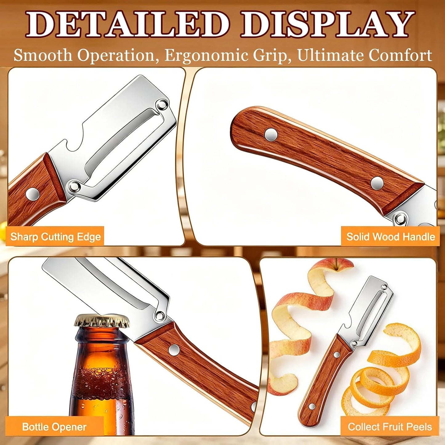 2PCS Multi-Functional Vegetable Peeler for Kitchen, Premium Vegetable Peeler with Bottle Opener and Wooden Handle and Bottle Opener, 2-in-1 Stainless Steel Kitchen Tool for Fruit Potato Pumpkin