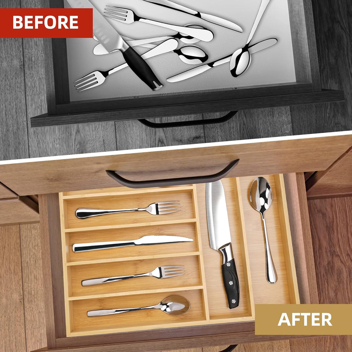 Silverware Organizer Kitchen Drawer Organizer Utensil Organizer Bamboo Silverware Holder Cutlery Organizer in Drawer Flatware Organizer Tray(5 slots, Natural