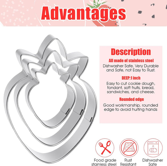 Strawberry Cookie Cutter, 3 PCS Fruit Cookie Cutters Set - 3 Sizes (3.5", 2.5", 1.5") Stainless Steel Baking Tools for Cookies, Biscuit Dough & Fondant - Durable, Fun & Professional Bakeware
