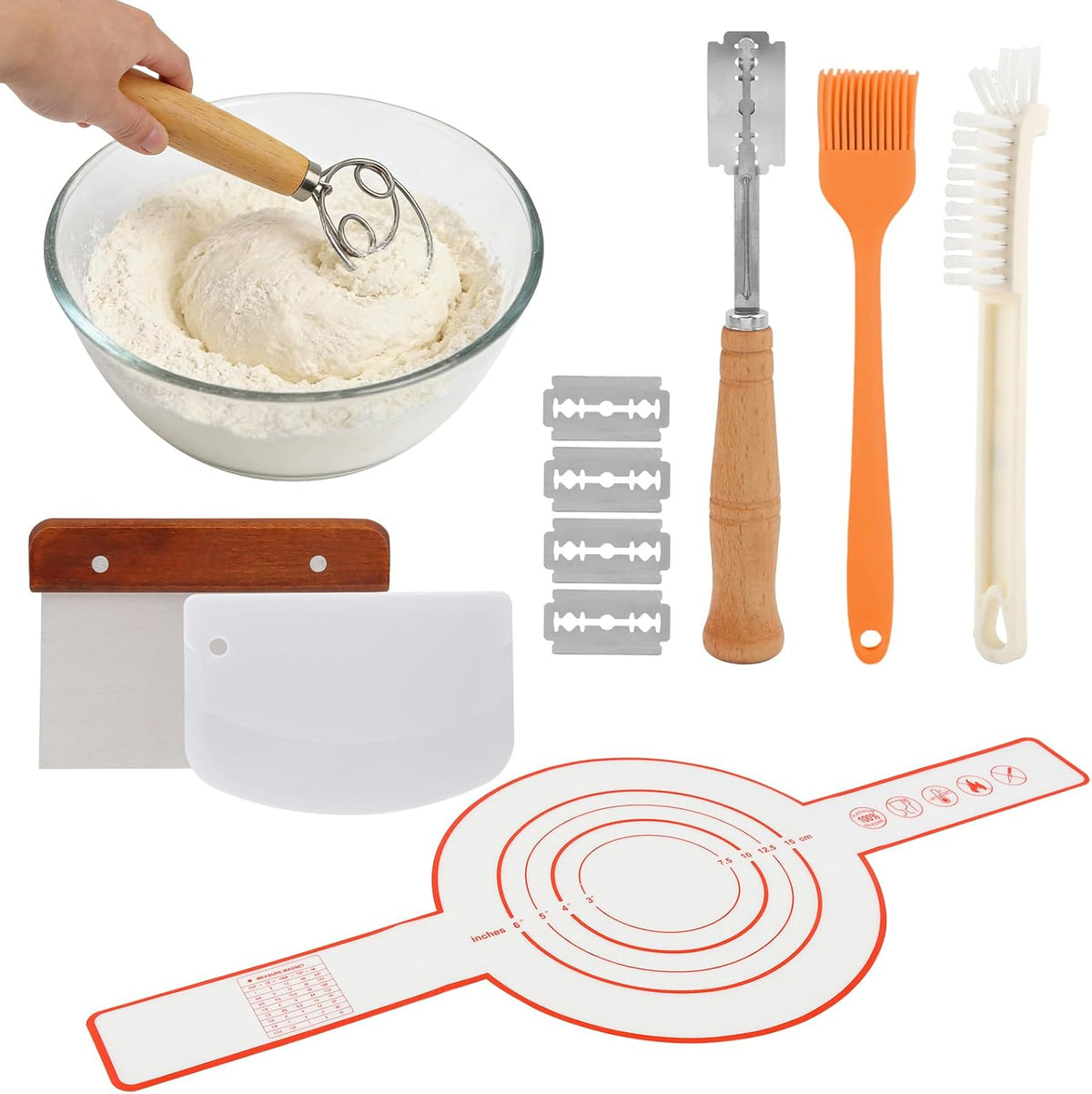 Bread Making Tools and Baking Supplies Sets,Danish Dough Whisk with Sourdough Scoring Tool for Bread Pastries Cakes and Pizzas Perfects Gift for Baker(SIZE:7 Pcs)