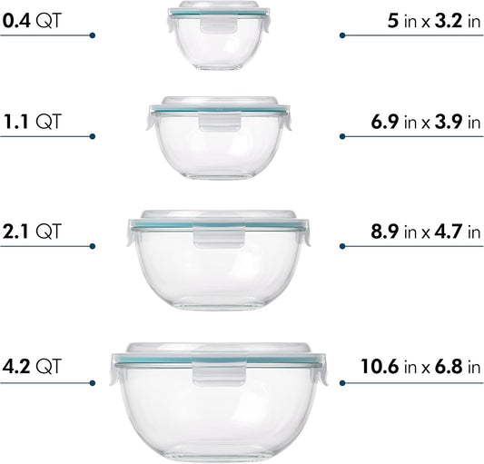 Mixing Bowl with Latching Lids 8-Pieces Set – Airtight, Leakproof, BPA Free Lids, Nesting, Meal Prep, Baking, Salad, Food Storage & Serving Bowl, Microwave, Fridge & Freezer, Dishwasher Safe