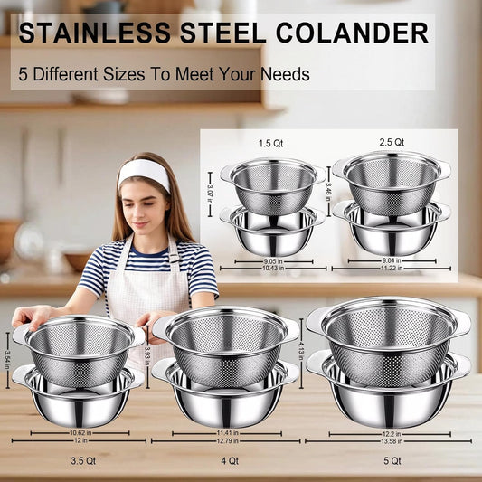 Colander for Kitchen, 1.5 QT 18/8 Stainless Steel Colander, Stainless Steel Strainer with Mixing Bowl, Rice Strainer with Handle for Washing Vegetables, Fruit, Rice, and Pasta (2 PC)