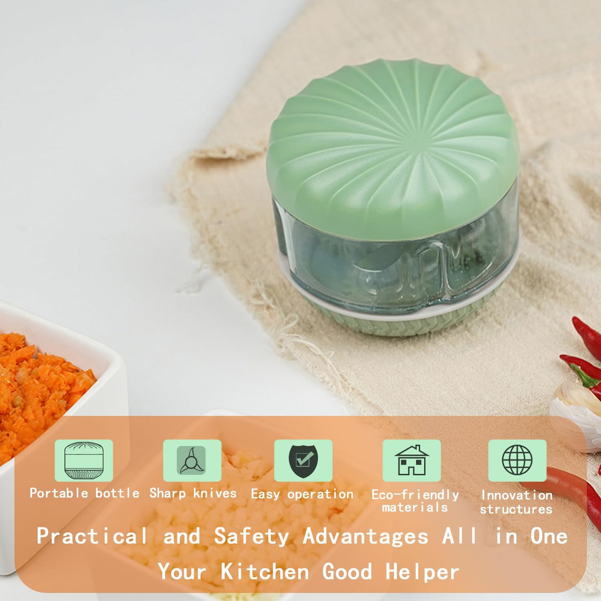 Portable Hand-Powered Garlic Mincer, Mini Manual Food Chopper for Small Kitchen, Multi-Use Onion Cutter for Garlic, Vegetables Ingredients, Ginger, Fruits, Set with Peeler (2 Pieces)